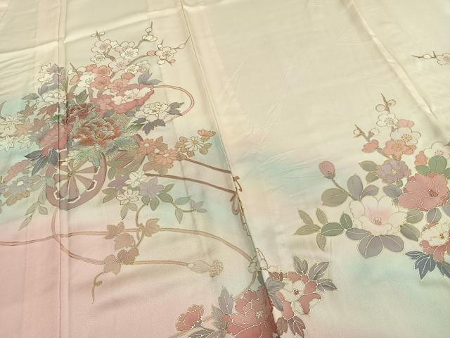 平和屋着物▽訪問着　単衣　片輪車花文　暈し染め　銀彩　正絹　逸品　AABC0577fy