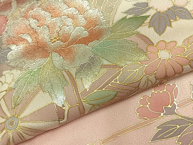 平和屋着物▽訪問着　単衣　片輪車花文　暈し染め　銀彩　正絹　逸品　AABC0577fy