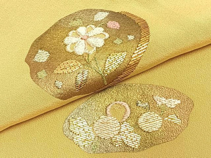 平和屋着物▽訪問着 単衣 刺繍 草花丸文 金糸 金彩 正絹 逸品 AABC0589fy