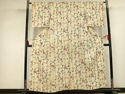 平和屋着物▽上質な小紋 単衣 型染め 花鳥文 鬼しぼ縮緬 正絹 逸品 AABC0590fy