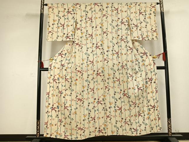 平和屋着物▽上質な小紋 単衣 型染め 花鳥文 鬼しぼ縮緬 正絹 逸品 AABC0590fy