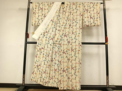 平和屋着物▽上質な小紋 単衣 型染め 花鳥文 鬼しぼ縮緬 正絹 逸品 AABC0590fy
