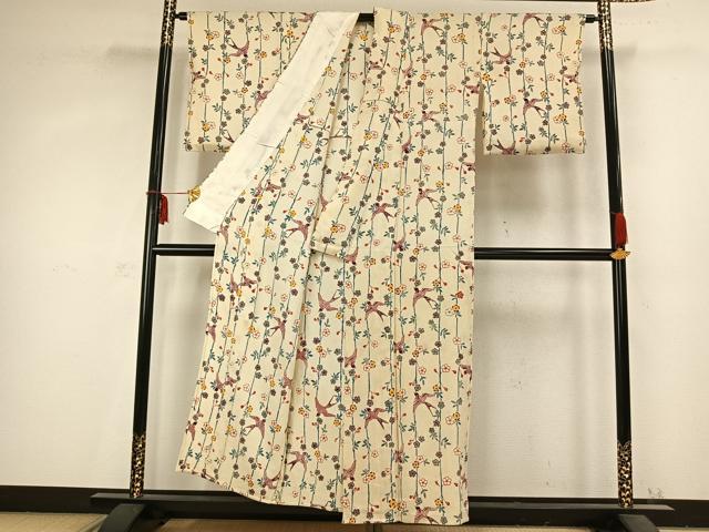 平和屋着物▽上質な小紋 単衣 型染め 花鳥文 鬼しぼ縮緬 正絹 逸品 AABC0590fy