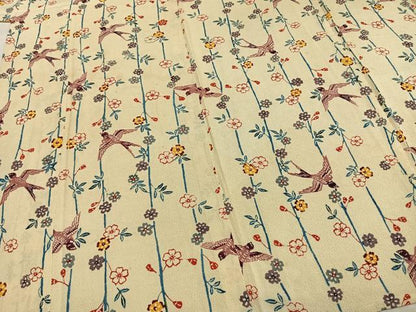 平和屋着物▽上質な小紋 単衣 型染め 花鳥文 鬼しぼ縮緬 正絹 逸品 AABC0590fy