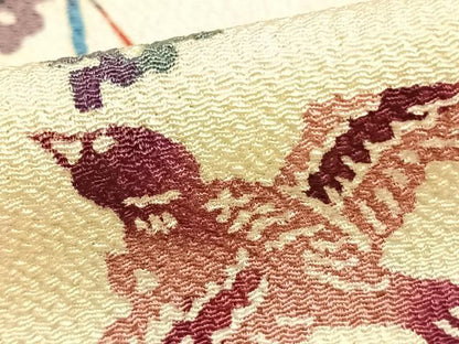 平和屋着物▽上質な小紋 単衣 型染め 花鳥文 鬼しぼ縮緬 正絹 逸品 AABC0590fy