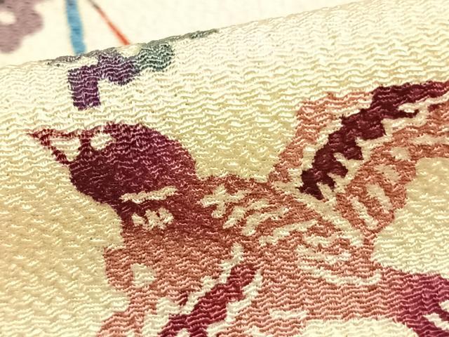 平和屋着物▽上質な小紋 単衣 型染め 花鳥文 鬼しぼ縮緬 正絹 逸品 AABC0590fy