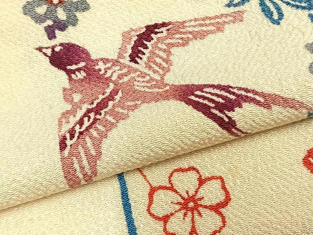 平和屋着物▽上質な小紋 単衣 型染め 花鳥文 鬼しぼ縮緬 正絹 逸品 AABC0590fy