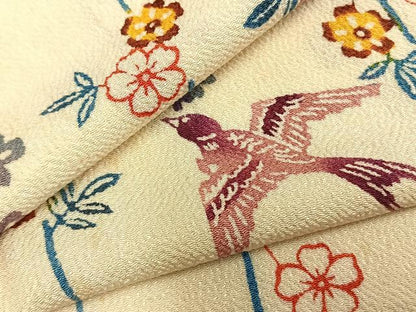 平和屋着物▽上質な小紋 単衣 型染め 花鳥文 鬼しぼ縮緬 正絹 逸品 AABC0590fy