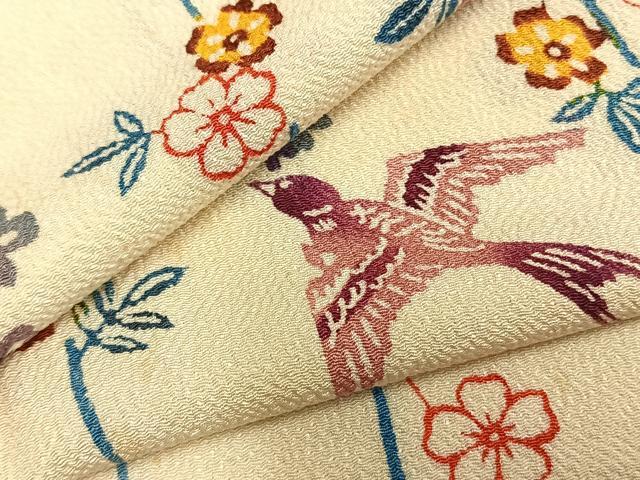 平和屋着物▽上質な小紋 単衣 型染め 花鳥文 鬼しぼ縮緬 正絹 逸品 AABC0590fy