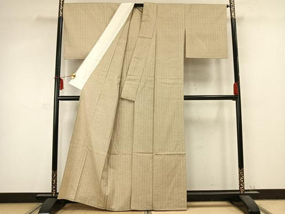 平和屋着物▽上質な紬　単衣　縞　正絹　逸品　AABC0593fy