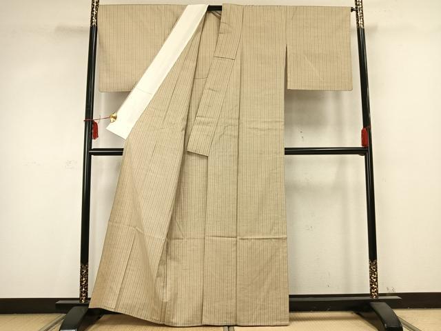 平和屋着物▽上質な紬　単衣　縞　正絹　逸品　AABC0593fy