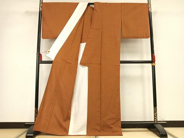 平和屋着物▽上質な紬 単衣 縞 白川 反端付き 正絹 逸品 AABC0596fy