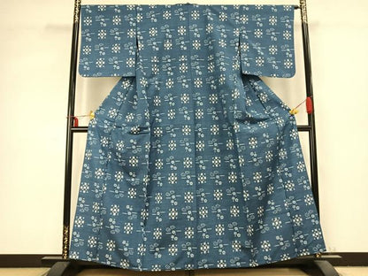 平和屋着物▽上質な紬 単衣 幾何学花文 正絹 逸品 AABC0598fy