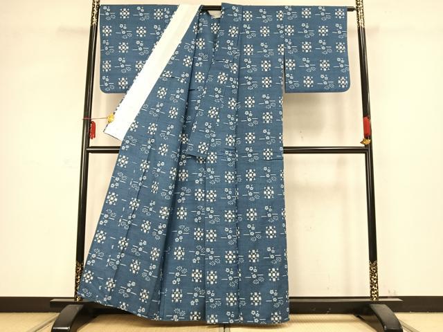 平和屋着物▽上質な紬 単衣 幾何学花文 正絹 逸品 AABC0598fy