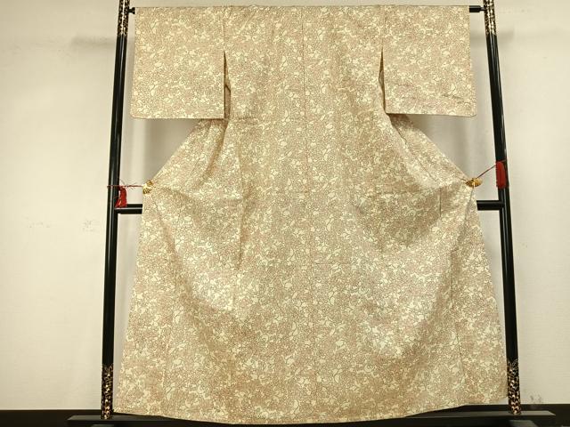 平和屋着物▽上質な紬 単衣 花唐草文 正絹 逸品 AABC0599fy