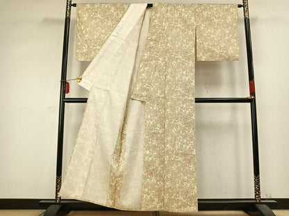 平和屋着物▽上質な紬 単衣 花唐草文 正絹 逸品 AABC0599fy