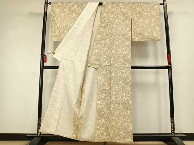 平和屋着物▽上質な紬 単衣 花唐草文 正絹 逸品 AABC0599fy