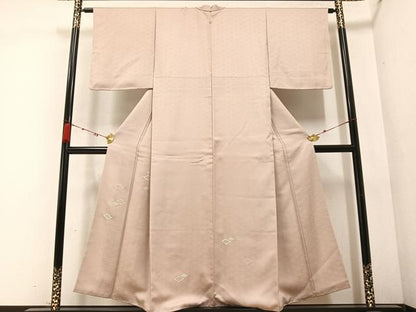 平和屋着物●無地絵羽訪問着 刺繍 菱文 色無地 灰梅色 正絹 逸品 AABC0608ph