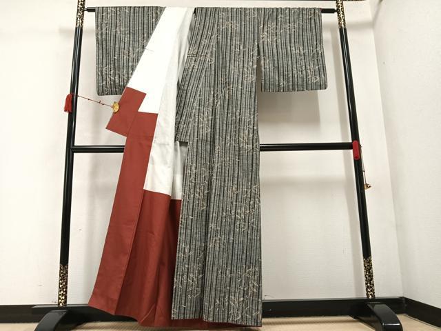 平和屋着物●上質な紬 笹文 正絹 逸品 AABC0614ph
