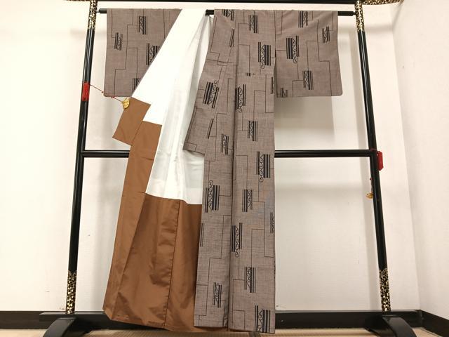 平和屋着物●上質な紬　幾何学文様　正絹　逸品　AABC0629ph