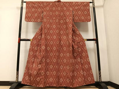 平和屋着物●上質な紬　幾何学文様　紅樺色　正絹　逸品　AABC0632ph
