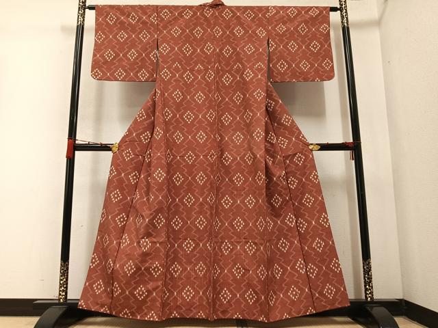 平和屋着物●上質な紬　幾何学文様　紅樺色　正絹　逸品　AABC0632ph