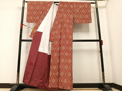 平和屋着物●上質な紬　幾何学文様　紅樺色　正絹　逸品　AABC0632ph