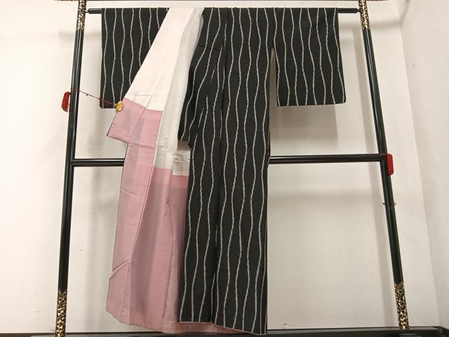 平和屋着物●お召　立涌文　黒地　正絹　逸品　AABC0635ph