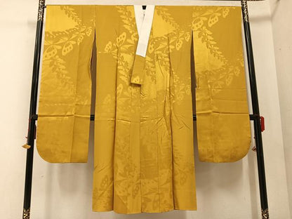 平和屋着物●振袖用長襦袢 袷 舞蝶地紋 色無地 山吹茶色 正絹 逸品 AABC0637ph