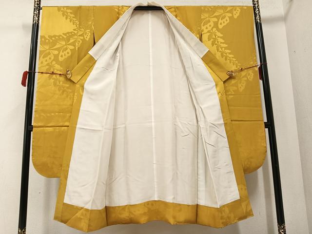 平和屋着物●振袖用長襦袢 袷 舞蝶地紋 色無地 山吹茶色 正絹 逸品 AABC0637ph