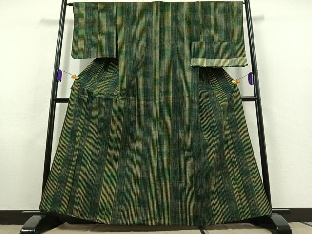 平和屋着物▽上質な紬 単衣 縞 正絹 逸品 AABC0681jh