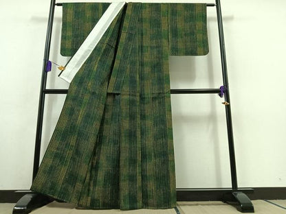 平和屋着物▽上質な紬 単衣 縞 正絹 逸品 AABC0681jh