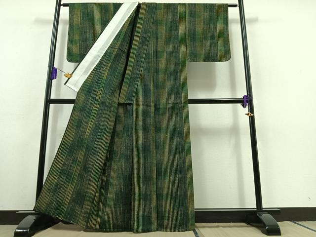 平和屋着物▽上質な紬 単衣 縞 正絹 逸品 AABC0681jh