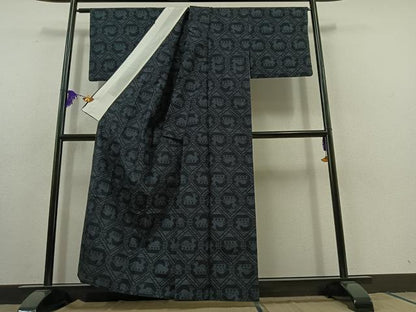 平和屋着物▽結城紬 単衣 100亀甲 有栖川文様 正絹 逸品 AABC0683jh