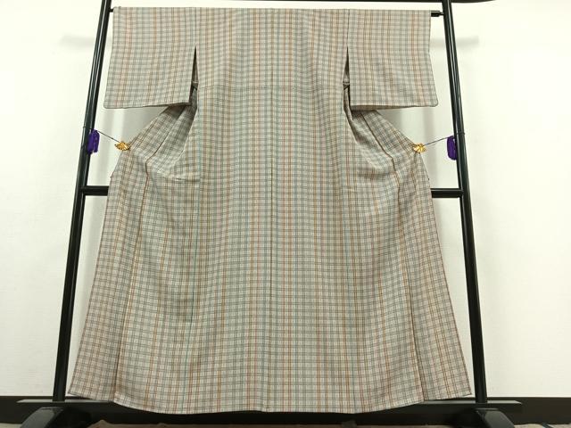 平和屋着物▽上質な小紋 単衣 格子 鬼しぼ縮緬 正絹 逸品 AABC0686jh