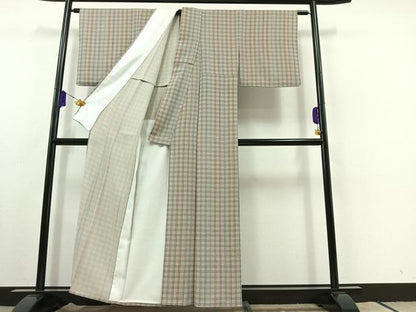 平和屋着物▽上質な小紋 単衣 格子 鬼しぼ縮緬 正絹 逸品 AABC0686jh