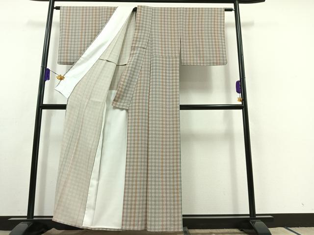 平和屋着物▽上質な小紋 単衣 格子 鬼しぼ縮緬 正絹 逸品 AABC0686jh