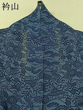 平和屋着物▽上質な小紋 単衣 藍 型染め 風景花文 鬼しぼ縮緬 正絹 逸品 AABC0694jh
