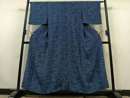 平和屋着物▽上質な小紋 単衣 藍 型染め 風景花文 鬼しぼ縮緬 正絹 逸品 AABC0694jh