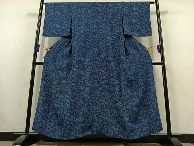 平和屋着物▽上質な小紋 単衣 藍 型染め 風景花文 鬼しぼ縮緬 正絹 逸品 AABC0694jh