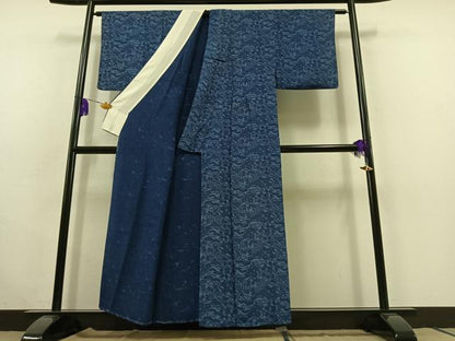 平和屋着物▽上質な小紋 単衣 藍 型染め 風景花文 鬼しぼ縮緬 正絹 逸品 AABC0694jh