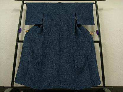 平和屋着物▽上質な小紋 単衣 藍 型染め 草花文 鬼しぼ縮緬 正絹 逸品 AABC0695jh