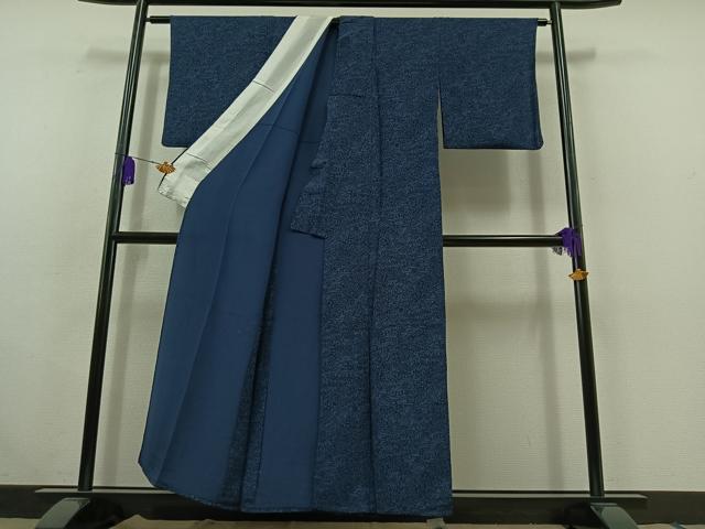 平和屋着物▽上質な小紋 単衣 藍 型染め 草花文 鬼しぼ縮緬 正絹 逸品 AABC0695jh
