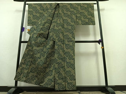 平和屋着物▽上質な紬　単衣　丸文　正絹　逸品　AABC0697jh