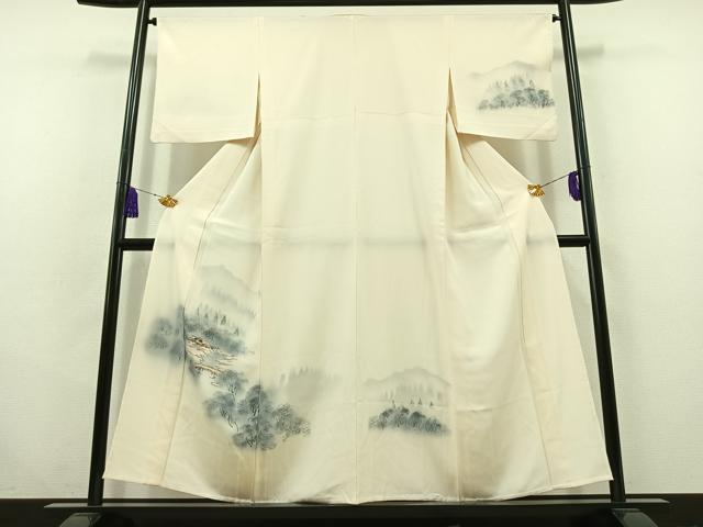 平和屋着物▽訪問着　単衣　手描き　風景文　正絹　逸品　AABC0698jh