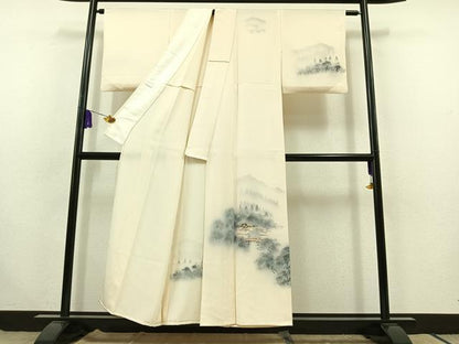 平和屋着物▽訪問着　単衣　手描き　風景文　正絹　逸品　AABC0698jh