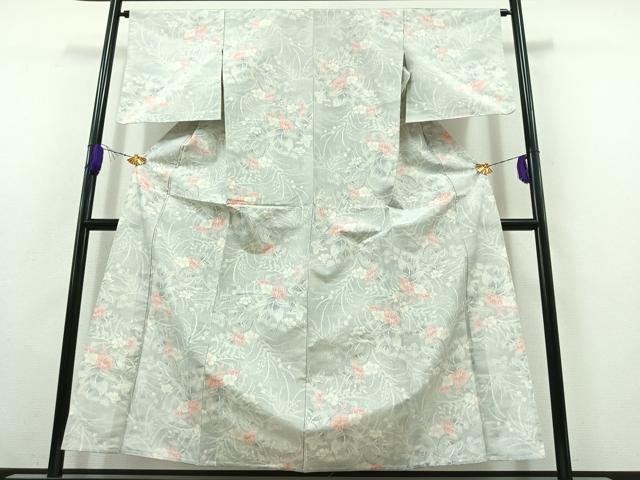 平和屋着物▽上質な紬　単衣　草花文　正絹　逸品　AABC0701jh