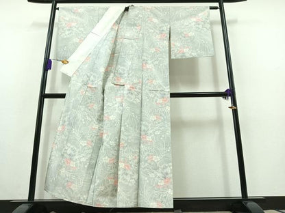 平和屋着物▽上質な紬　単衣　草花文　正絹　逸品　AABC0701jh