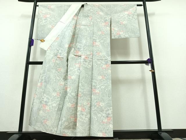 平和屋着物▽上質な紬　単衣　草花文　正絹　逸品　AABC0701jh