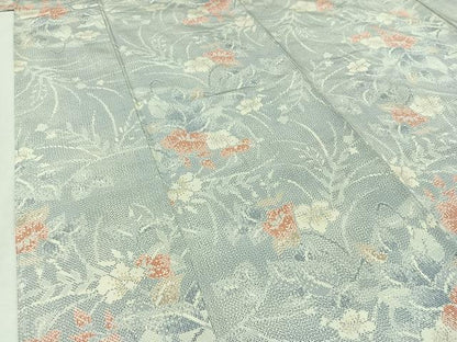 平和屋着物▽上質な紬　単衣　草花文　正絹　逸品　AABC0701jh